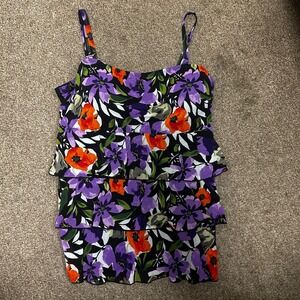 A Shore Fit Womens 22W Floral Tiered Ruffle Tankini Swim Top Purple Orange
